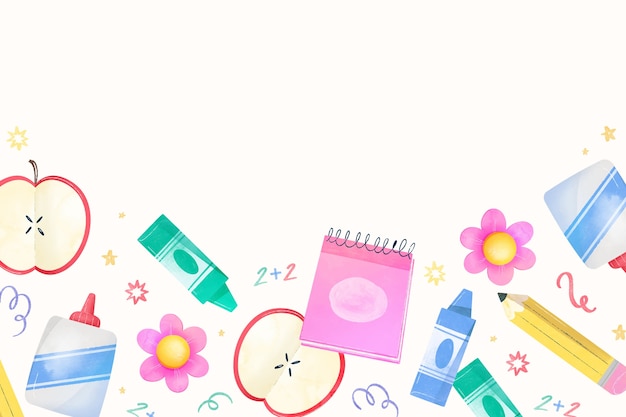 Free Vector watercolor back to school background with school supplies