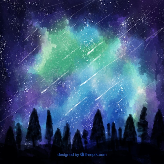 Free Vector watercolor background with trees and starry sky