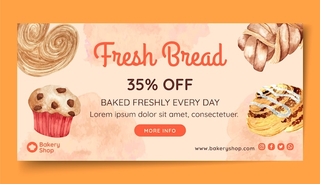 Free Vector watercolor bakery sale horizontal banner template with pastry