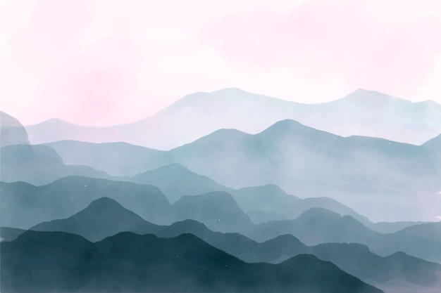 Free Vector watercolor blue mountains with pink sky