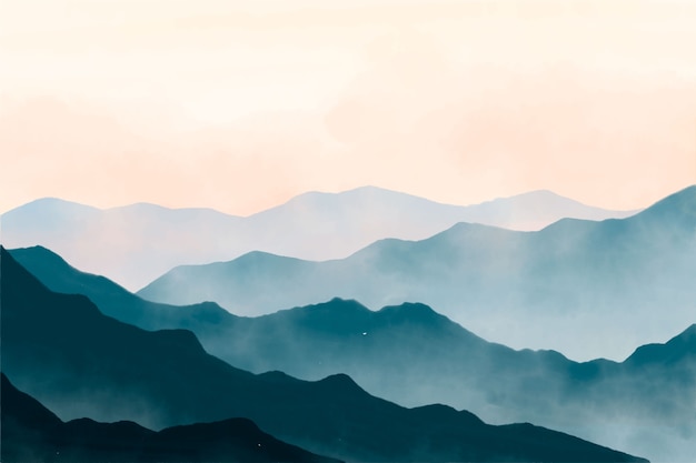 Free Vector watercolor blue mountains with yellow sky