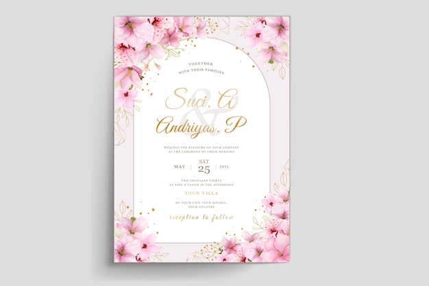 Free vector watercolor cherry blossom spring wedding invitation card set