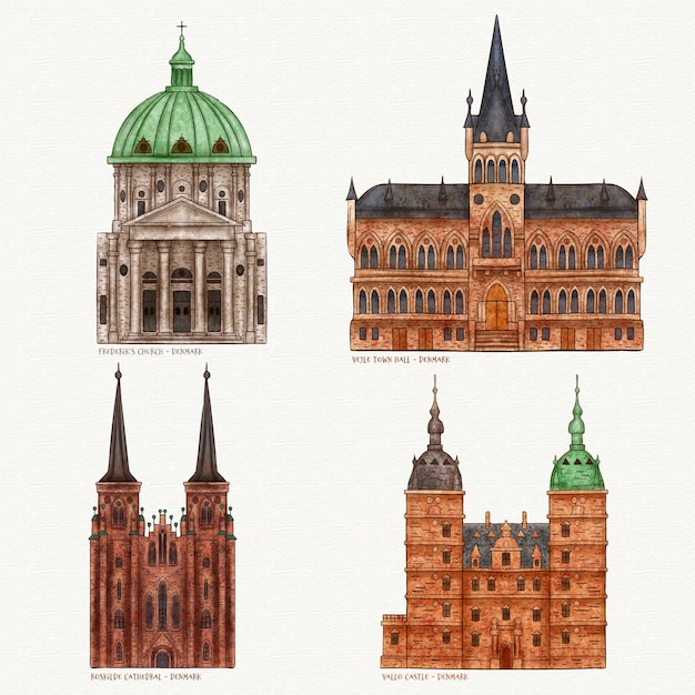 Free Vector watercolor famous architectural landmarks pack