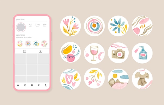 Free vector watercolor instagram highlights collection