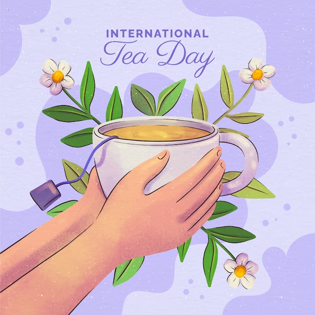 Free Vector watercolor international tea day illustration with hands holding teacup