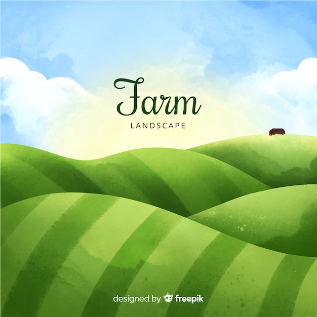 Free Vector watercolor lanscape background with farm