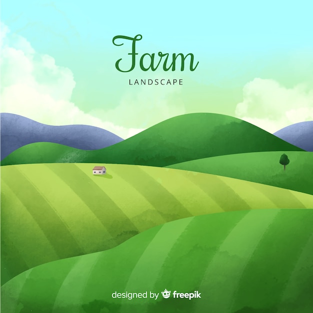 Free Vector watercolor lanscape background with farm