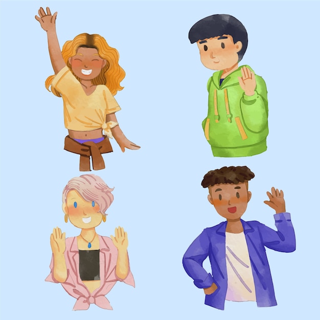 Free vector watercolor people waving illustration