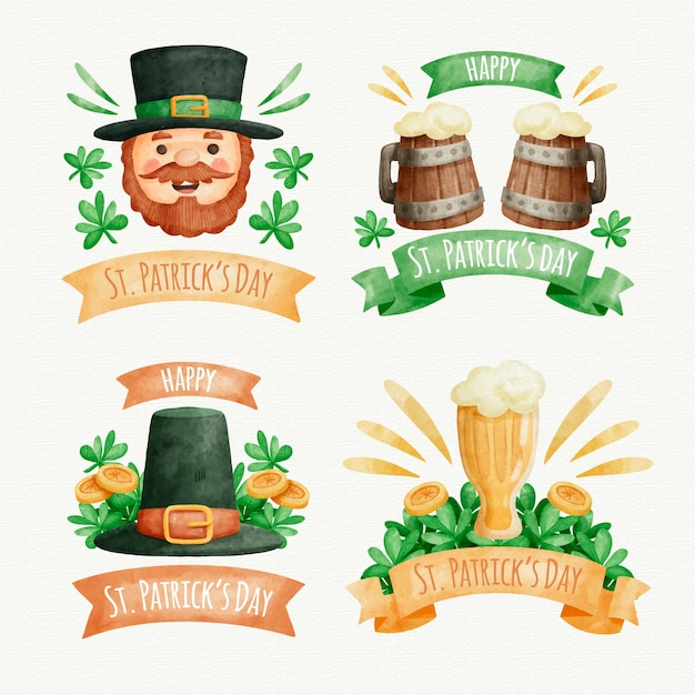 Free Vector watercolor st. patrick's day badge collection 
with traditional objects