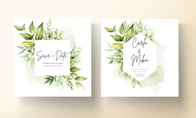 Wedding invitation Card template with beautiful greenery leaves in alcohol ink background