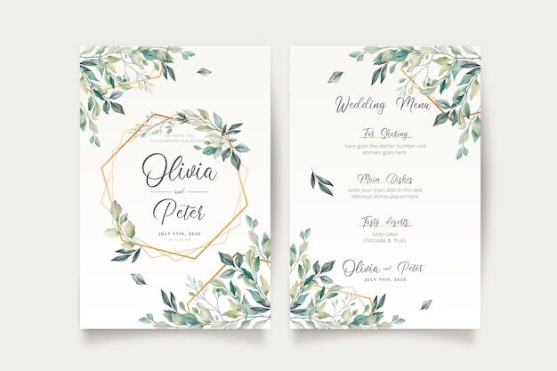 Free vector wedding invitation and menu template with beautiful leaves