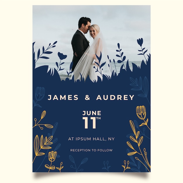 Free vector wedding invitation template with bride and groom