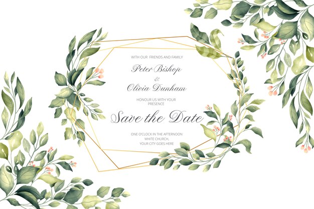 Wedding invitation with golden frame and green leaves