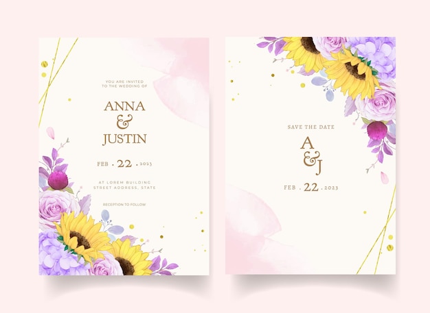 Free Vector wedding invitation with watercolor purple rose and sunflower