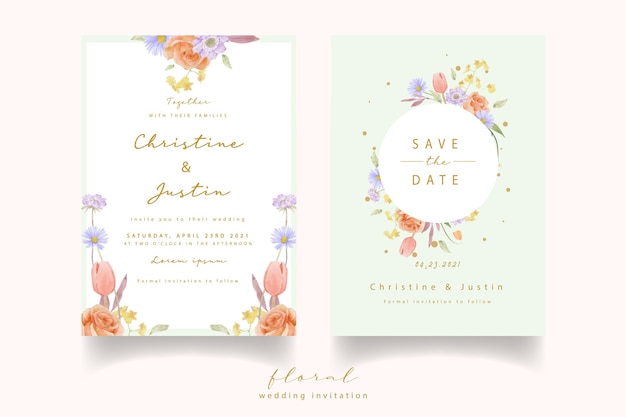 Free Vector wedding invitation with watercolor roses, tulips and scabiosa flowers