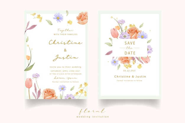 Free Vector wedding invitation with watercolor roses, tulips and scabiosa flowers