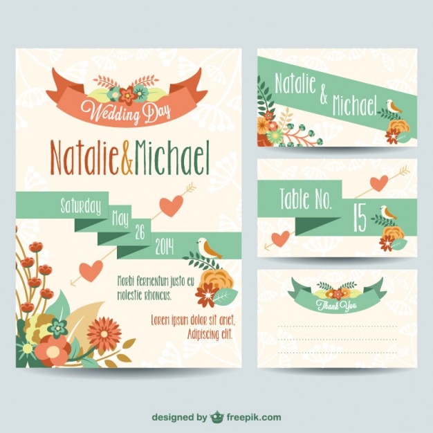 Free Vector wedding invitations with ribbon and flowers