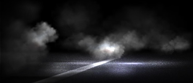 Free Vector wet asphalt road with mark line covered in smoke