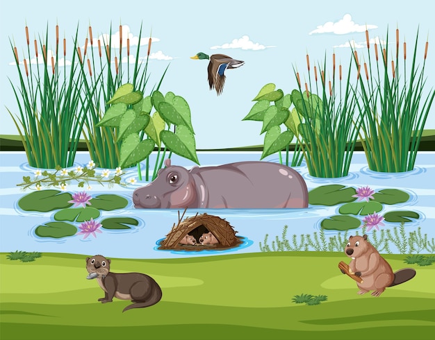 Free Vector wetland forest scene with capybara