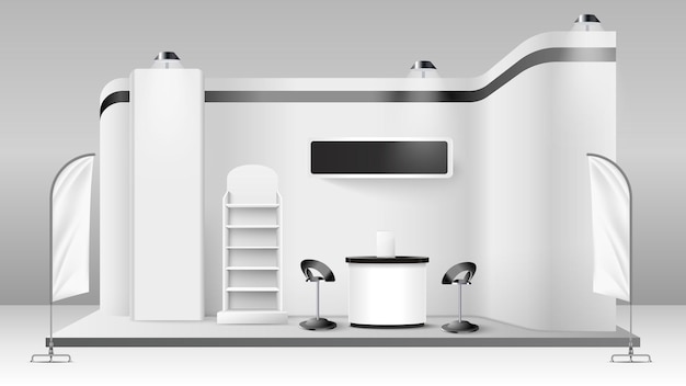 Free vector white creative exhibition stand with blank flags and empty shelves realistic vector illustration