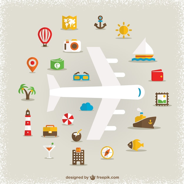 Free Vector white plane and travel icons