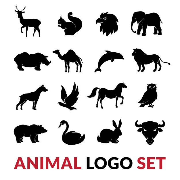 Wild animals black silhouettes set with lion elephant swan squirrel and camel vector isolated illustration 