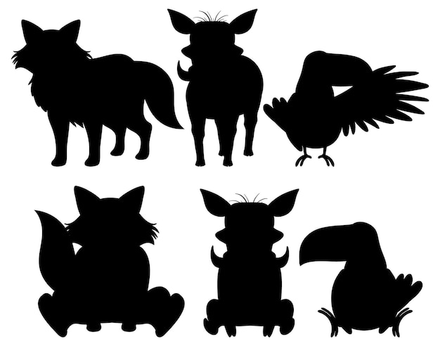 Free vector wild animals silhouette set in vector cartoon style