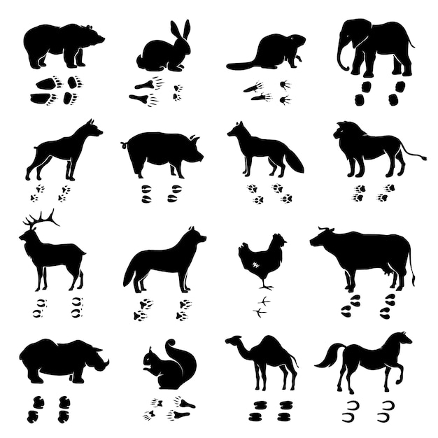 Free vector wild and domestic animals and birds silhouettes