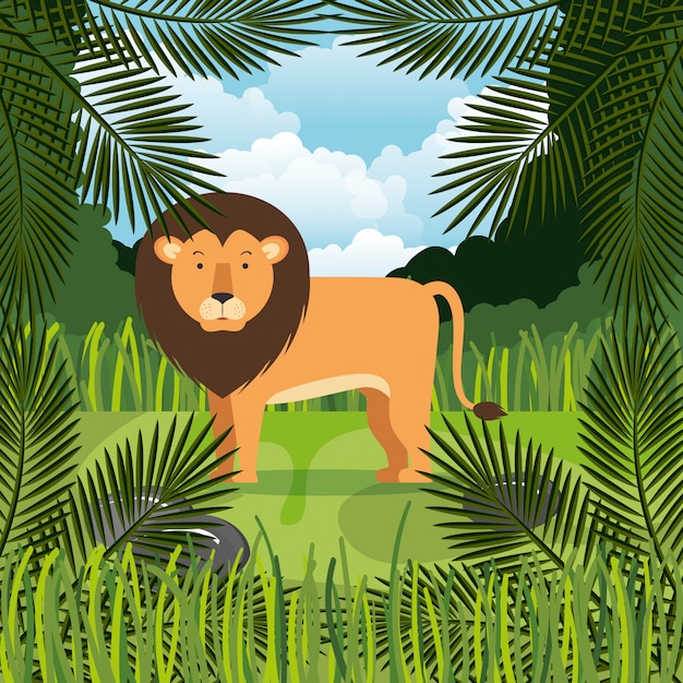 Free Vector wild lion in the jungle scene