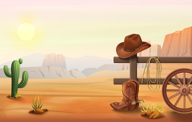 Wild west cartoon composition with outdoor landscape of desert with cowboy boots and hat on fence vector illustration