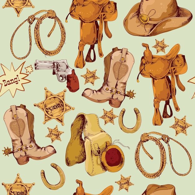 Free vector wild west cowboy colored hand drawn seamless pattern with lasso horse saddle vector illustration