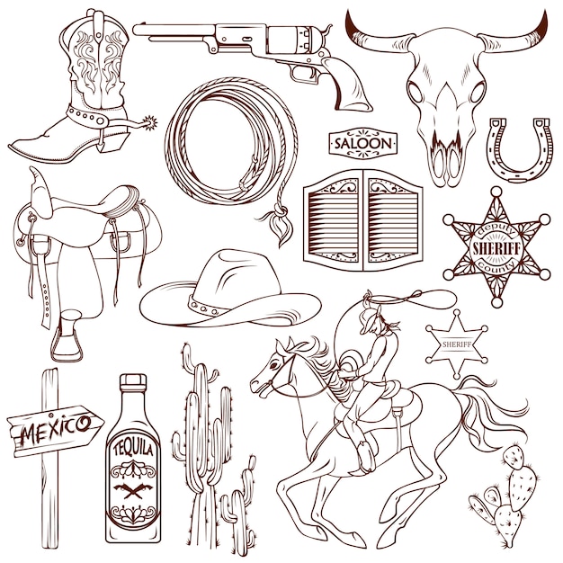 Free Vector wild west monochrome set