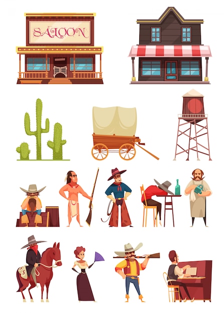 Free vector wild west set with buildings and human characters