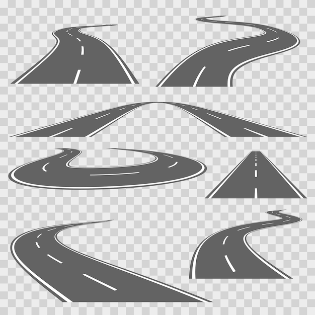 Free vector winding curved road or highway with markings. direction road, curve road, highway road, road transportation illustration. vector set