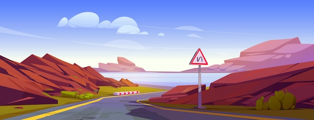 Free Vector winding highway with mountain and lake landscape