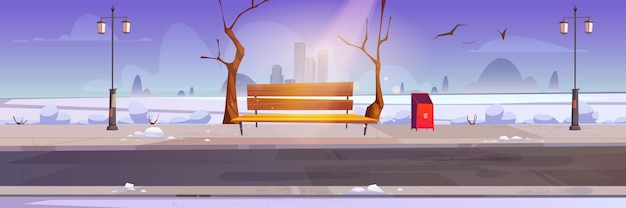 Free Vector winter city park with white snow wooden bench and town buildings on skyline