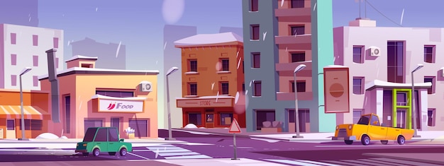Free vector winter city street intersection with houses cars