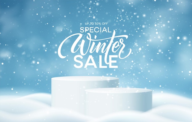 Free vector winter product podium on the background of drifts, snowflakes and snow. realistic product podium for winter and christmas discount design, sale. vector illustration