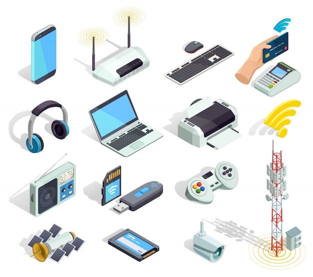 Free vector wireless technology devices isometric icons set