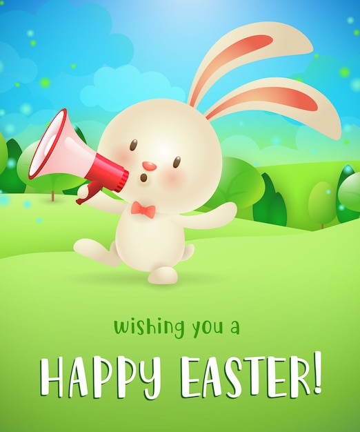 Free vector wishing you happy easter lettering, bunny with megaphone