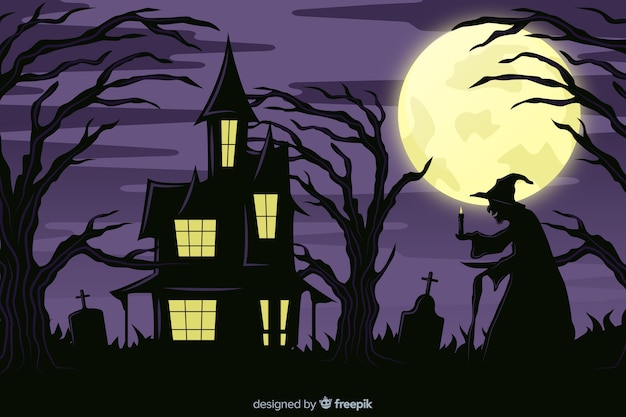 Witch and haunted house on a full moon night background