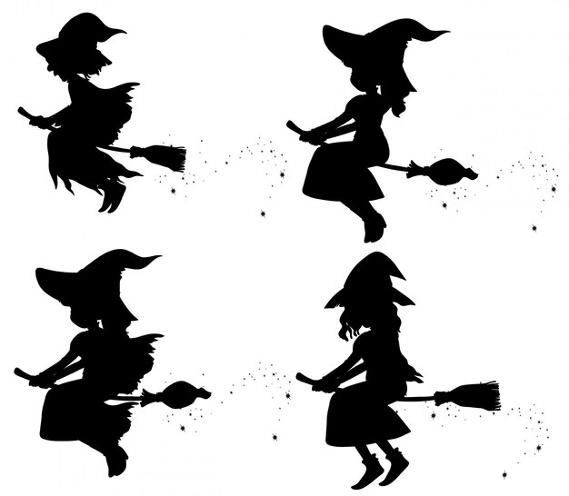 Witches in silhouette cartoon character isolated on white background