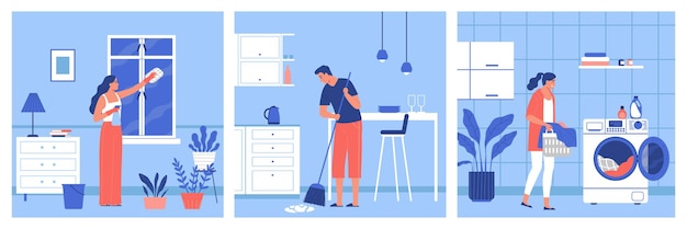 Free Vector woman cleaning window while man sweeps floor and another woman washes clothes flat illustration