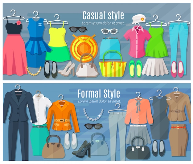 Free vector woman clothes horizontal banners set of collection in formal and casual fashion styles