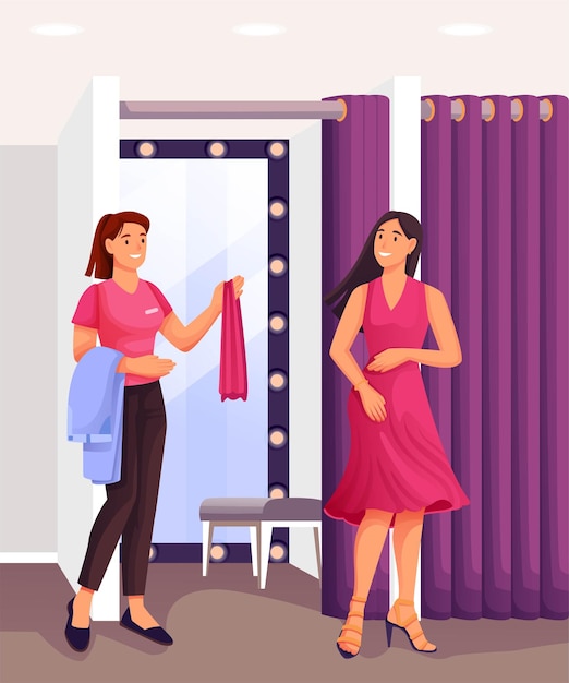 Woman in fitting room trying on dress shop assistant helping