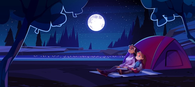 Free vector woman and girl in summer camp at night