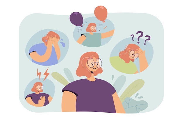 Woman going through nervous breakdown or bipolar behavior disorder. Cartoon illustration