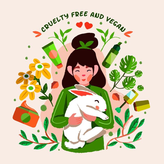 Woman holding a bunny next to cruelty free products