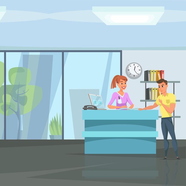 Woman at reception desk and client young girl behind registration table cartoon character Friendly assistant secretary profession bank hospital client service