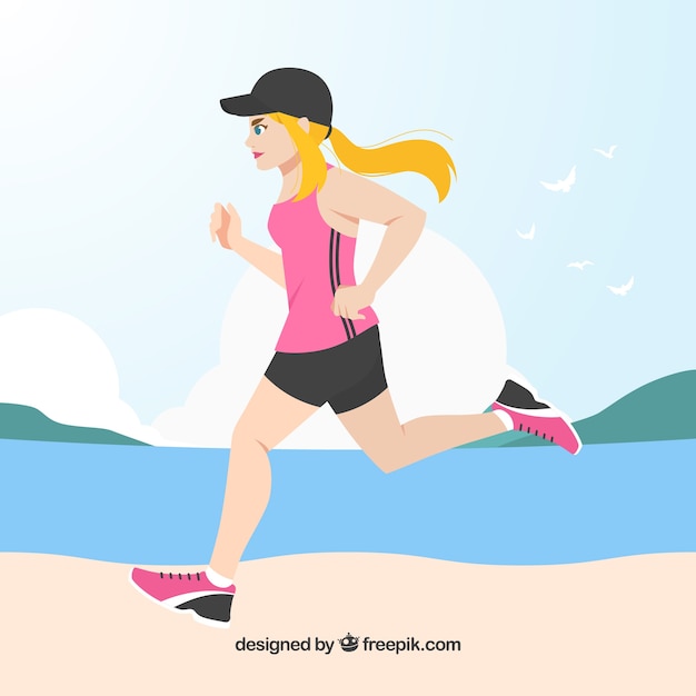 Free Vector woman running nexto to the beach background